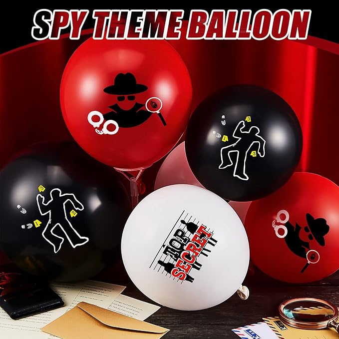 Liliful 60 Pcs Top Secret Spy Theme Balloon Detective Decoration Latex Red and Black Balloons Agent Spy Party Decorations Detective Themed Birthday Party Supplies(Classic)