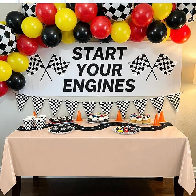Irenare 3 Pcs Racing Table Cloths Car Birthday Party Supplies 54 x 108 Inch Racetrack Table Runner Covers Disposable Rectangular Road Tablecloth for Kids Boy Car Theme Party Decor (Khaki)