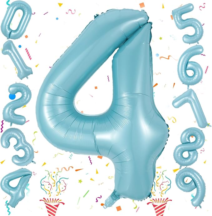 4 Balloons Number, 40 Inch Large Light Blue Number 4 Balloon, Baby Blue Foil Self Inflating Helium for Boys Kids 40th 15th Age Birthday Party Decorations Anniversary Party Decoration Supplies