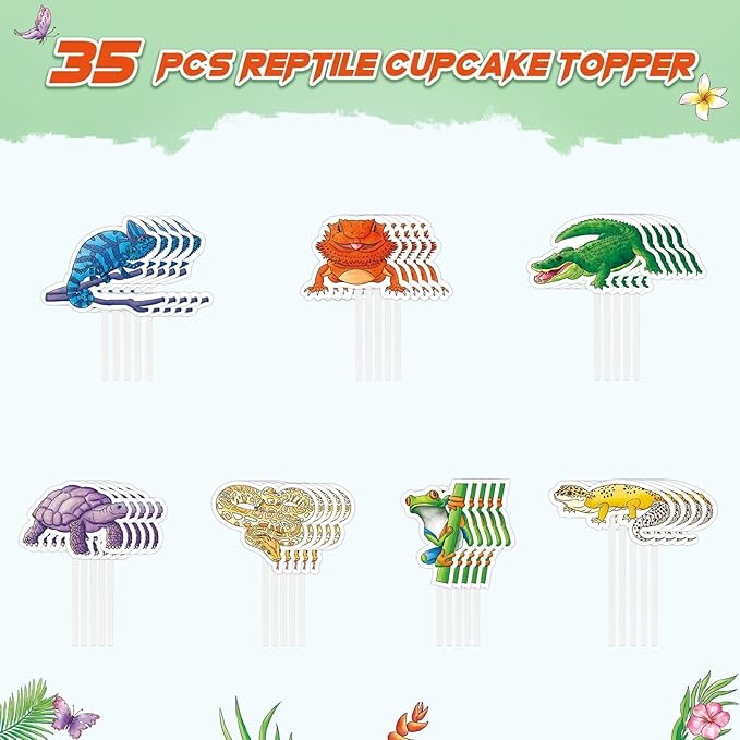 WERNNSAI 35 PCS Reptile Cupcake Toppers - Reptile Birthday Party Decorations for Kids Boys Snake Frog Cake Toppers Reptile Party Leopard Gecko Dessert Cake Insert Jungle Camping Cupcake Supplies