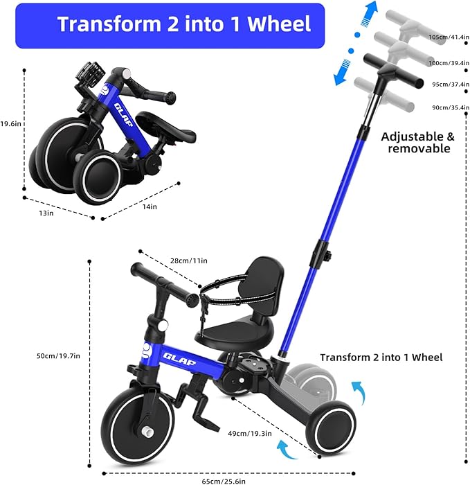 Glaf Tricycle for Toddlers 1-3 Toddler Bike with Push Handle 2-4 Years Baby Bike Toys for 2 Years Boys and Girls Balance Bike with Adjustable Seat Height and Backrest Birthday Gift (Blue)