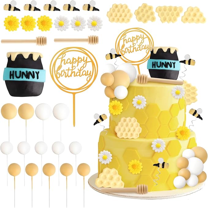 Hooqict 33 Pcs Bee Cake Decorations with Mini Honey Jar, Honeycomb, Honey Sticks, Bee Cake Toppers for Kids Boys Girls 1st 2nd 3rd Birthday Party Decorations Baby Shower