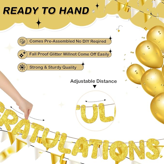 Fulmoon Pre Strung Congratulations Quitter Glitter Banner Funny Retirement Banner Graduation Party Decorations Going Away Supplies Garland for Men Women Gifts, No DIY(Gold)