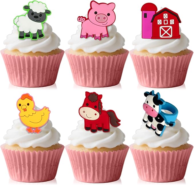 24 PCS Farm Animal Cupcake Toppers Rubber Cupcake Ring Horse Cow Farmhouse Chicken Pig Sheep Cake Toppers for Birthday Baby Shower Barnyard Tractor Theme Party Supplies Decorations