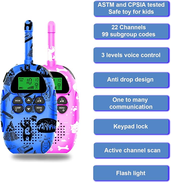 USA-Designed KidzAdventure Rechargeable Walkie Talkies for Kids 2 Pack - 48 Hours Battery 3 Miles Range 22 Channels 2 Way Radio Voice Activation. Best Hiking, Camping & Outdoor Kids Toy Gift Ages 5-10