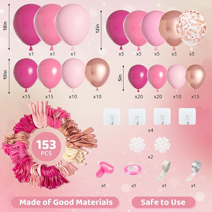 Amandir 153pcs Pink Balloon Garland Arch Kit, Different Sizes 18 12 10 5 inch Hot Pink Latex Metallic Confetti Rose Gold Balloons for Birthday Baby Shower Wedding Party Decorations