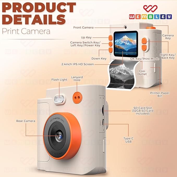 Wembley Kids Camera Instant Print | Birthday Gift Toys for Boys & Girls 3–10 Years | Unicorn Digital Dual Lens Toddler Camera Thermal Printer | 48MP 1080P Selfie & Video | 16X Zoom 32GB SD Card -Cream