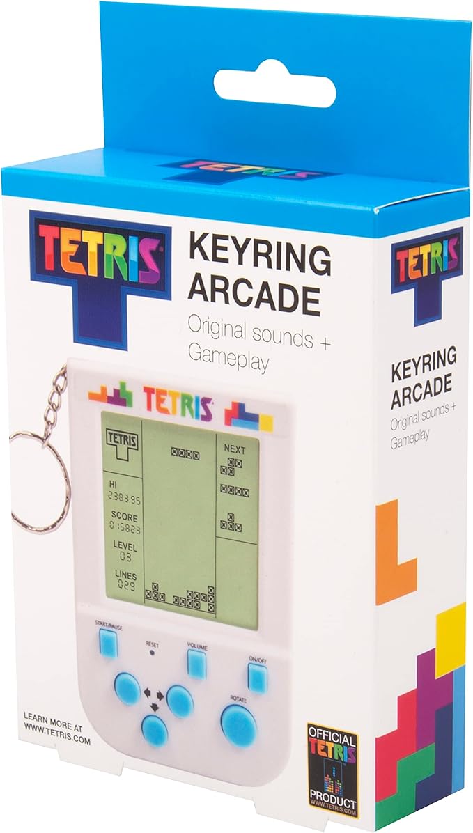 Tetris Keyring Handheld Arcade Game - Retro Mini Portable Handheld Tetris Game for Kids and Adults. Traditional Game Play with 15 Retro Gaming Levels Including Original Tetris Gameplay & Sounds.