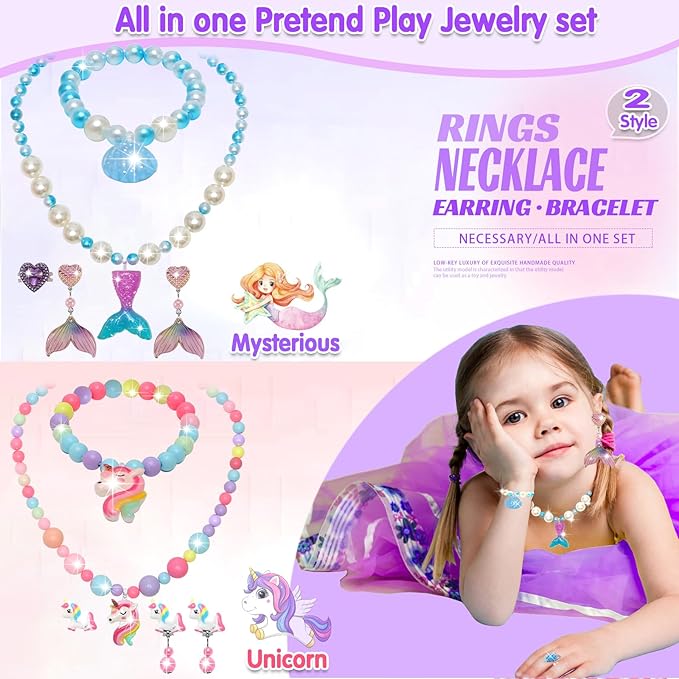 Kids Toys for Ages 5-7 Girls Jewelry Box, Toddler Toys For Girls 8-10, Clip on Earrings Adjustable Rings, Unicorn and Mermaid toy for Pretend Play & Dress up 3 4 5 6 Kids Birthday Christmas Gifts