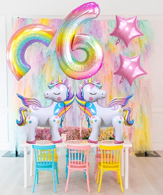 6PCS Self Standing Unicorn Balloons, Unicorn Balloon, Large Rainbow Balloon, Colorful Number 6 and Star Balloons for Girl 6th Birthday Party Decorations Supplies.(6th)