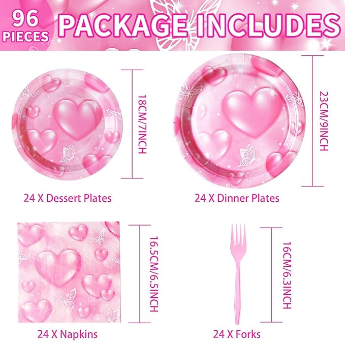 Grencian 96Pcs 2000s Party Decorations Pink Heart Plates and Napkins Disposable Y2k 90s Pink Heart Paper Tablewares Sets for Girls Women Birthday Wedding Y2K Bridal Shower Party Supplies, Serves 24