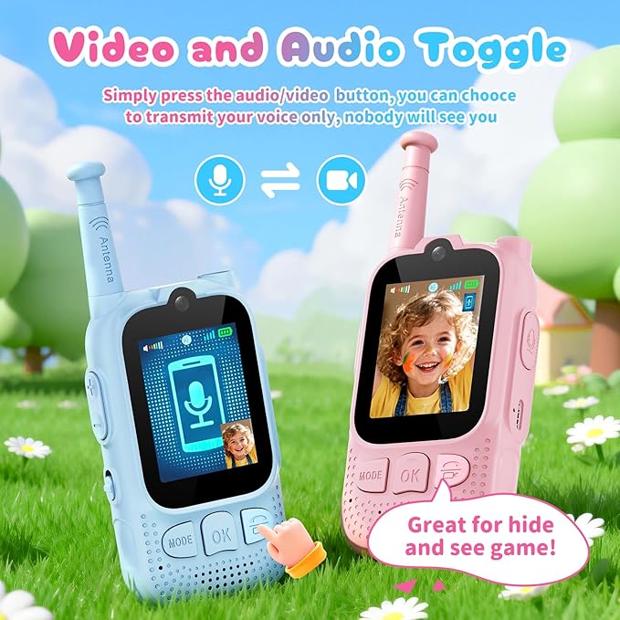 Kids Audio/Video Walkie Talkies, 2 Pack Rechargeable Walkie Talkies for Kids with 2’’ Screen & Camera & Voice Changer, Long Range Boys Girls Toys for Indoor Outdoor Camping Hiking Games (Pink/Blue)