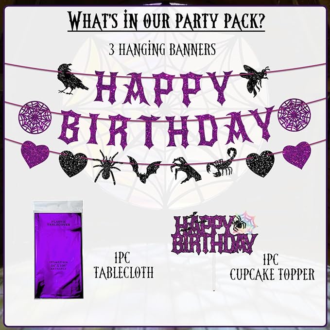 Purple and Black Birthday Decorations, Halloween Birthday Party Decorations Gothic Decor, Black Purple Glitter Spooky Photo Booth Prop Backdrop for Girls, Gothic Inspired Party Supplies Set Include Banner, Cake Toppers, Tablecloth 54" x 108"