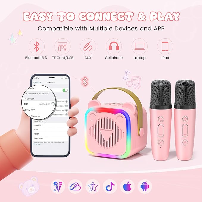 Mini Karaoke Machine for Kids,Portable Bluetooth Speaker with 2 Microphones,Music Player for Singing and Party,Ideas Birthday Toys Gifts for Girls Boys 3,4,5,6,7,8,9,10,11,12+ Years Old (Pink)