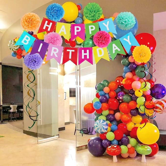 Rainbow Colorful Birthday Decorations, Happy Birthday Banner with Pom Poms Paper Circle Garland Swirl Streamers for Girls Women Party Supplies