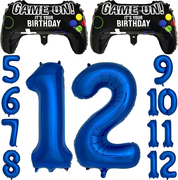 Navy Blue Video Game Party Supplies Boys 12th Birthday Party Decorations- 2 Packs Game On Balloons with Dark Blue Number 12 Balloon