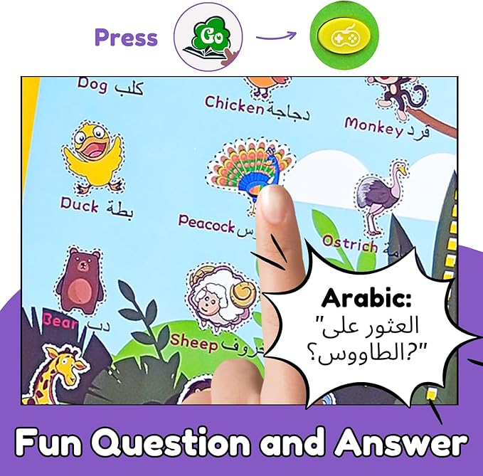 ZEENKIND English Arabic Learning Talking Books for Kids 2 3 4 5 6 Years Old, 180 Words Learn Arabic Interactive Audio Sound Book for Kid Toddler, Educational Electronic Bilingual Toys with Music