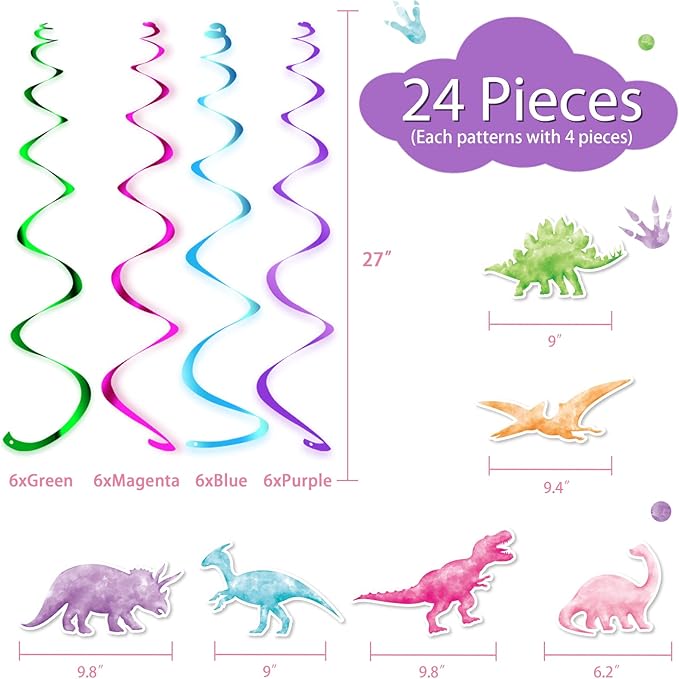WERNNSAI Watercolor Dinosaur Party Hanging Swirl - 24Pcs Dinosaur Party Decorations for Girls Kids Birthday Baby Shower Foil Whirls Ceiling Streamers Spirals Dino Theme Party Supplies