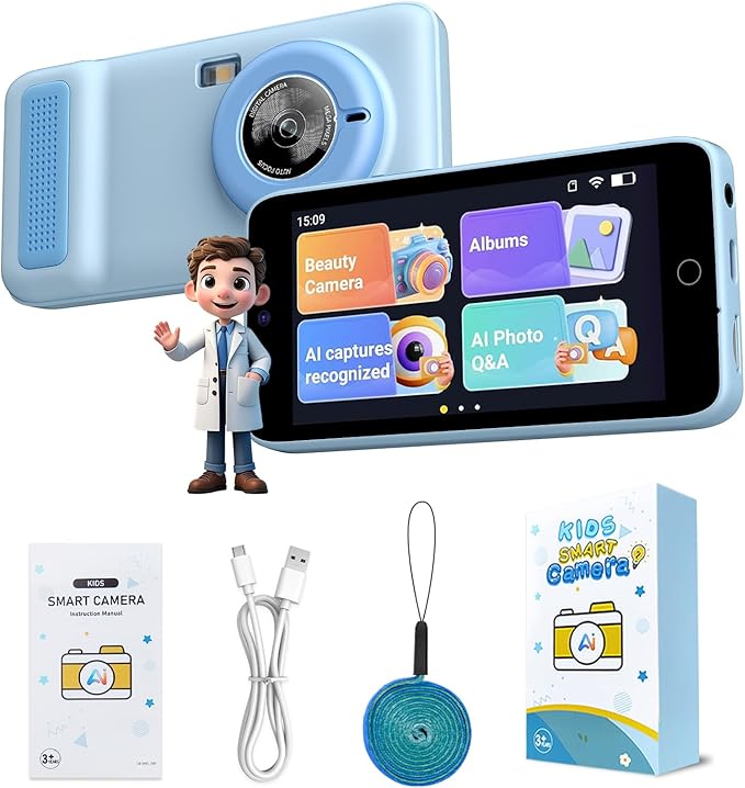 AI Digital Camera for Kids with WiFi, Photo Recognition & Voice Dialogue, 4" Touch Screen AI Kids Smart Camera with Dual Lens, Portable Learning Toy, Christmas Birthday Gift for Ages 3-15 (Blue)