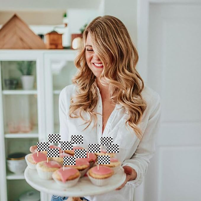 100 Pack Checkered Racing Flag Cupcake Toppers Flag Finish Line Cupcake Picks Flag Race Car Small Mini Cake Decorations Party Supplies Black and White