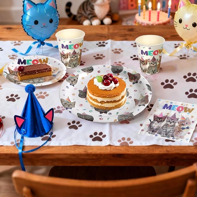 96Pcs Cat Birthday Party Supplies Pet Cat Paper Plates and Napkins and Cups Baby Shower Kids Birthday Tea Party Decorations, Serves 24
