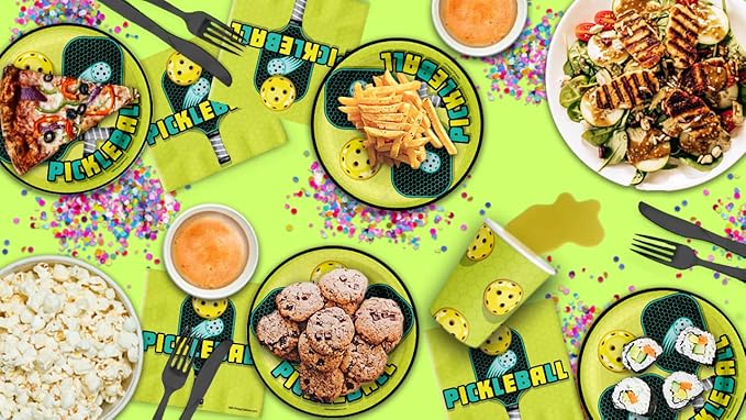 Pickle Ball Birthday Party Supplies - Pickleball Party Supplies - Summer Paper Plates | Disposable Tableware Set Includes Plates Napkins and Cups | Kit for 16