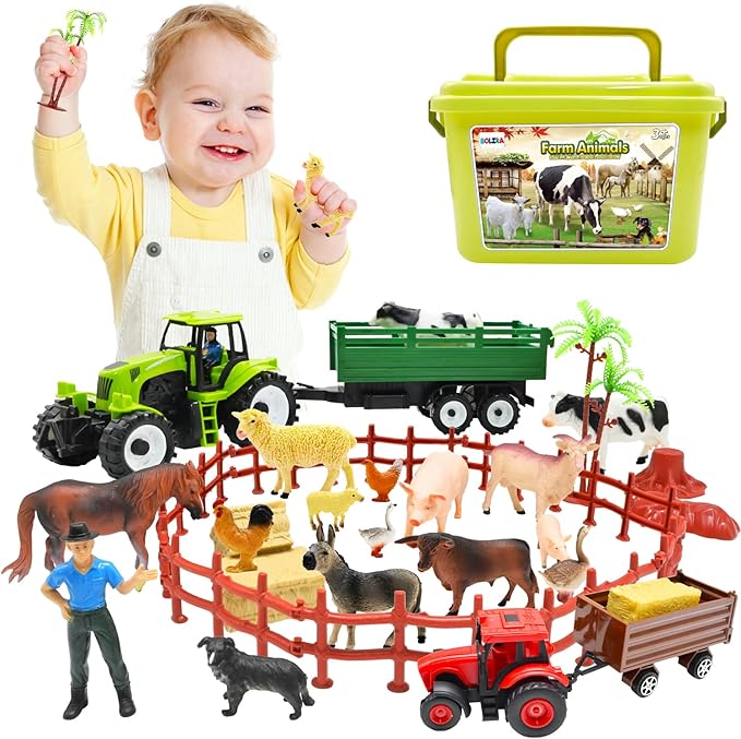 BOLZRA Farm Animal Figures Toy, Realistic Plastic 2 Farm Tractors Playset with Trailer, Farmer Fence Storage Box, Christmas Birthday Easter Gift for Kids 3-8