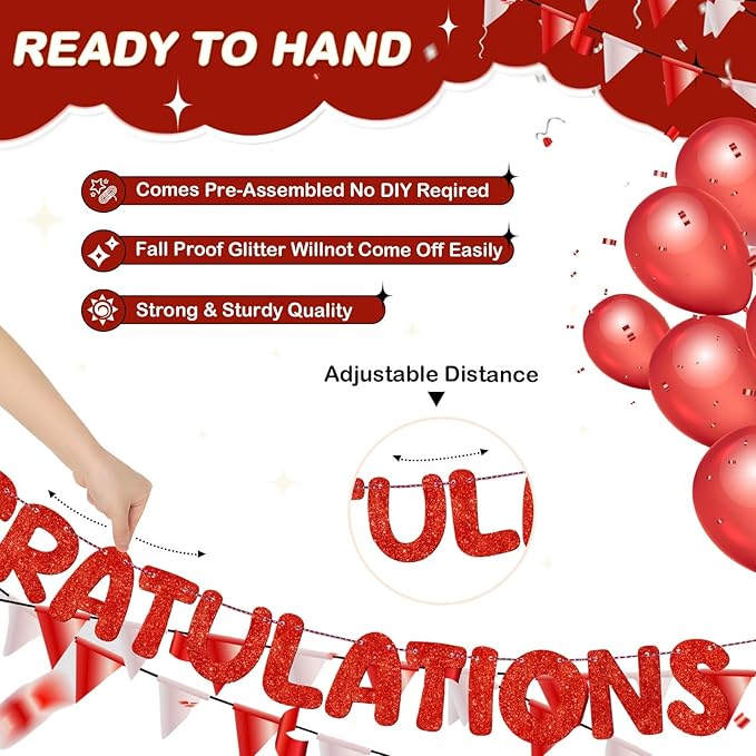 Fulmoon Pre Strung Congratulations Quitter Glitter Banner Funny Retirement Banner Graduation Party Decorations Going Away Supplies Garland for Men Women Gifts, No DIY(Red)