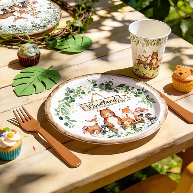 96 Pcs Woodland Baby Shower Party Supplies - Serves 24 Guests, Safari Jungle Animal Party Decorations Include Plates and Napkins, Forks