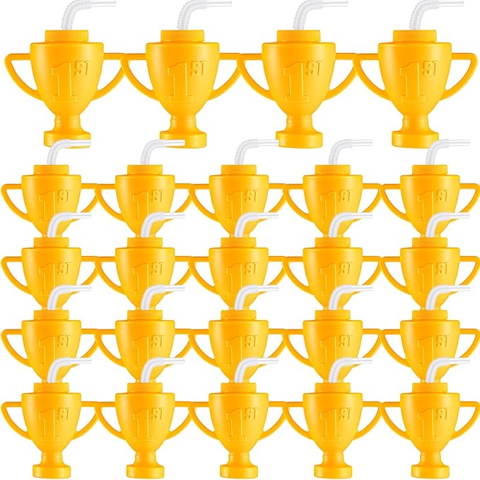 Amyhill 24 Pcs Race Car Trophy Cups With Straws and Lids 12 Oz Plastic Race Car Birthday Party Supplies And Favors For Kids Adults Props Rewards Winning Prizes Competitions (Gold)