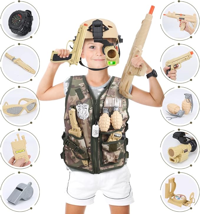 17 PCS Kids Army Costume, Military Soldier Dress up Role Play, Combat Marines for Halloween with Camouflage Vest, Helmet and Accessories for Kids Boys 3+