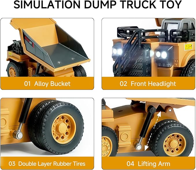 BRRRRT 1/64 RC Dump Truck,Mini Dump Truck Toy,8-Channel Remote Control Toy with Metal Bed & Light, RC Construction Vehicles,Type-C Built-in Battery,Birthday Gifts for Boys and Girls Age 3+