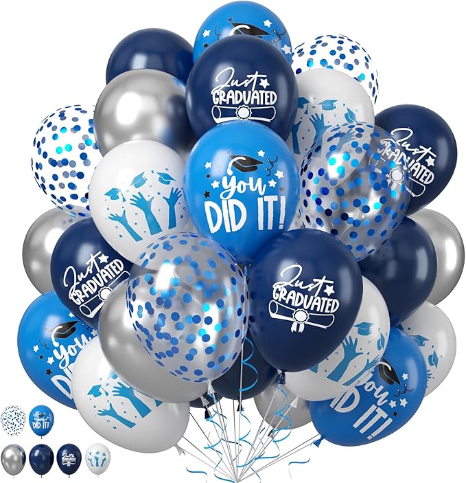 Graduation Party Decorations Balloons Set, 50PCS 12 Inch Blue White Silve Confetti Party Latex Balloon for Class Of 2025 Graduation Party Decoration Supplies