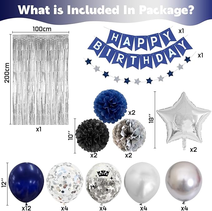 Blue and Silver Birthday Decorations for Men Boys, Navy Royal Blue Silver Party Balloons Happy Birthday Banner Pom Poms Fringe Curtain for Bday Party Supplies