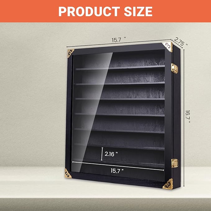 Giant Model Car Display Case with Wall Mounts,Display up to 80 Cars ,Model Hot Toy Cars Storage Organizer,15.7*2.75*16.7 Inches,UV Protection Acrylic Glass Door,Gold Lock,Black