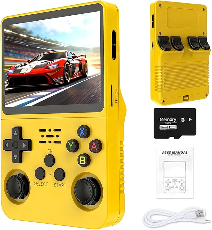 Retro Handheld Game Console R36S, 3.5-Inch HD IPS Screen 3200mAh Battery, 128G Built-in 20000+ Games 20+ Emulators, HDMI TV Output for Classic Game Play (Yellow +64G)