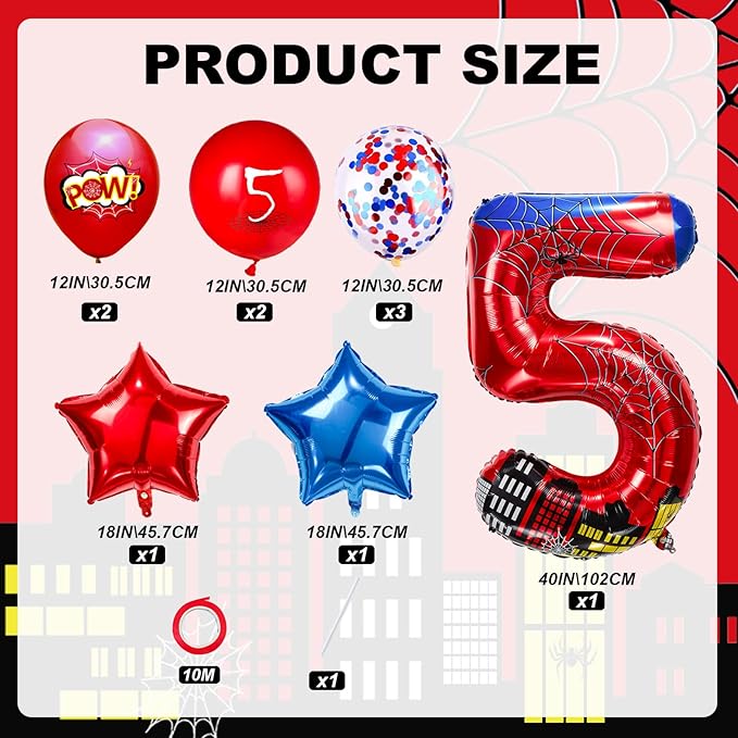 Cartoon Hero 40 Inch Red and Blue Spider Theme Number Foil Birthday Decoration Balloons, Cartoon Party Birthday Supplies, Number large Balloons for Spider Theme Party (5)