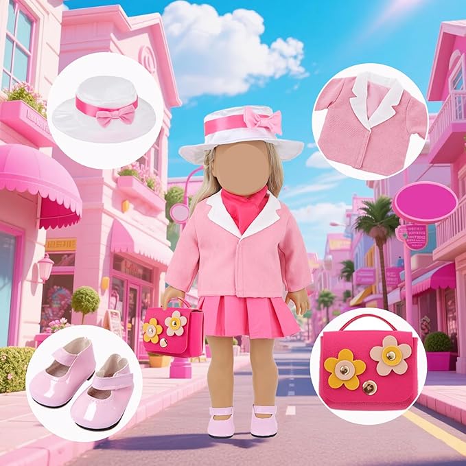 18 Inch Doll Clothes and Accessories, 8 Pcs Girl American Doll Clothing Includes Blazer Vest Pleated Skirt Hat Scarf Handbag Shoes Mobile Phone Travel Gear Play Set Birthday Gift for Age 3 4 5 6 Girls