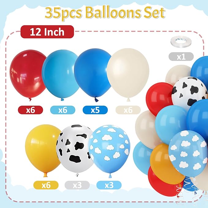 Red Blue Yellow Balloons 12inch Cow Print Sky Blue White Cloud Balloon for Kids Farm Theme Cowboy Birthday Party Decorations Western Blue Red Yellow Beige Latex Helium Balloon for Arch