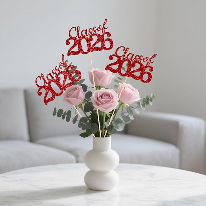 Red Class of 2026 Double-sided Graduation Table Centerpieces, 12 Pcs Grad Party Decorations with Sticks, Graduation 2026 Party Supplies for Table Decor
