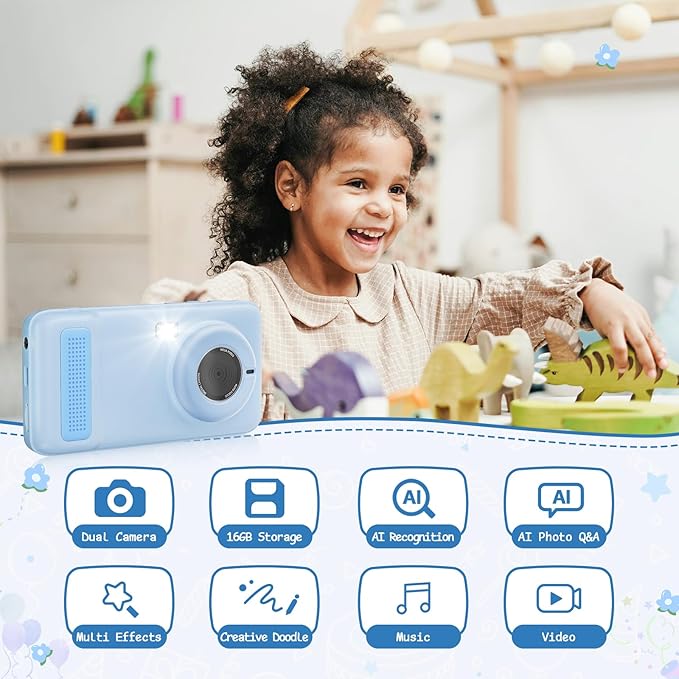 AI Everything Recognition Kids Camera for 4-12 Years Old Girls Boys, Supports 5G/2.4G Dual-Band Wi-Fi,4" LCD Touch Screen,Dual Lenes Selfie Digital Camera,Gift Ideas for Birthday Christmas Festival