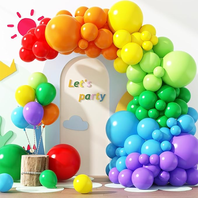 RUBFAC Rainbow Balloon Arch Kit 129pcs Different Sizes Pack of 18 12 10 5 Inch, Latex Colorful Balloons Garland for Birthday Party Decorations