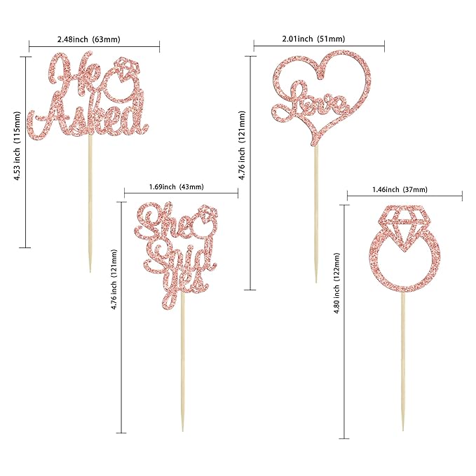 Gyufise 24Pcs Rose Gold He Asked She Said Yes Cupcake Toppers Diamond Ring Heart Cake Picks for Wedding Engagement Party Cake Decorations