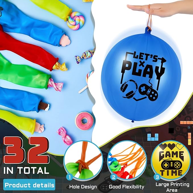 32 Pcs Video Game Punch Balloons Pixelated Punch Ball Pixel Video Game Balloons Latex Balls Toys for Birthday Party Favors Supplies, Goodie Bag Filler(Blue, Red, Yellow, Green)