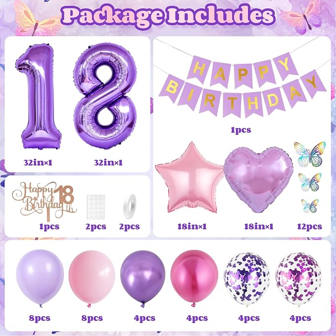 18th Purple Birthday Decorations,Pink Purple 18th Birthday Decorations for Girls Lavender Party Decor Set with Number Foil Balloons Cake Topper Butterfly Stickers for Girls 18th Party Decorations