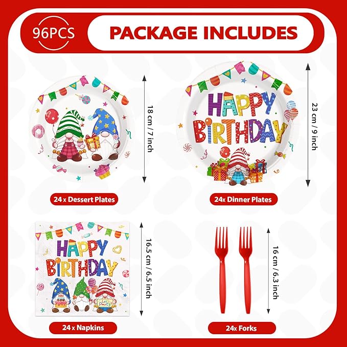 96Pcs Gnome Birthday Party Supplies Colorful Rainbow Gnomes Plates and Napkins Gnome Themed Tableware Set for Boys Girls Birthday Spring Summer Party Supplies，Serves 24