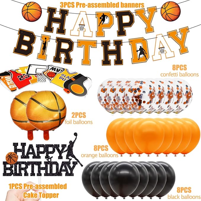 Basketball Birthday Decorations Include Pre-Strung Happy Birthday Banners, NO DIY Cake Topper, Balloons, Slam Dunk Sports Game Day Themed B-Day Party Supplies for Kids Teenagers Boys Men Women