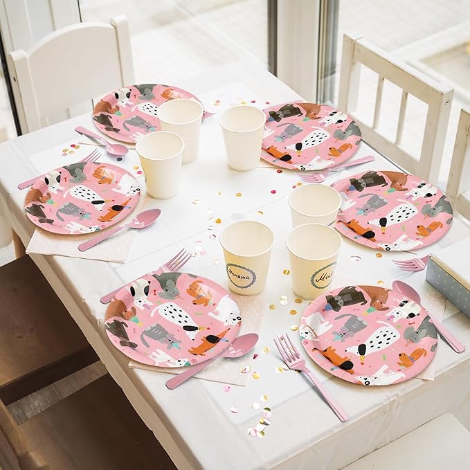 JarThenaAMCS 96Pcs Dog Birthday Party Supplies Disposable Dog Themed Tableware Include 24 Dinner Plates 24 Dessert Plates 24 Paper Napkins 24 Forks Pink Cartoon Dog Birthday Party Decor for 24 Guests