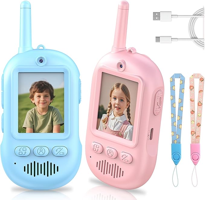Video Walkie Talkies for Kids Toys with Screen - 2 Pack Handheld Rechargeable Kids Walkie Talkies Long Range Toys for Ages 8-13 5-7, Outside, Camping, Hiking for Boys Girls Ages 3-12 (Blue/Pink)