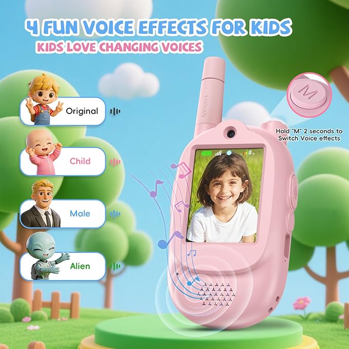 Video Walkie Talkies for Kids Rechargeable Kids Walkie Talkies 2 Pack for Girls Boys 500m/1640FT Range,4 Voice Mode,1000mAh Battery, Fun Toys Birthday Gifts for Boys Girls